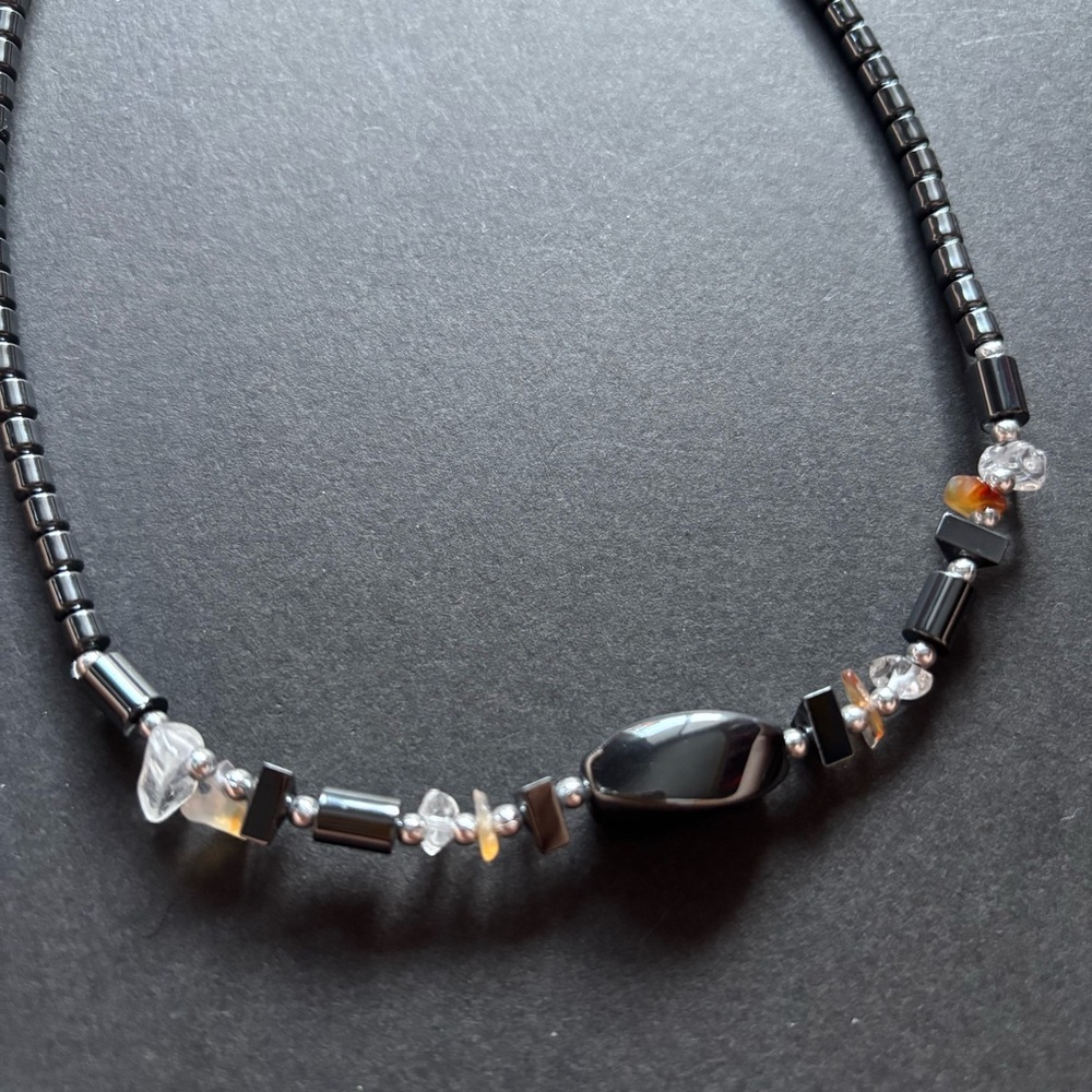 Hematite Quartz Bead Block Chain Necklace | Length 16.5 IN - Picture 5 of 6